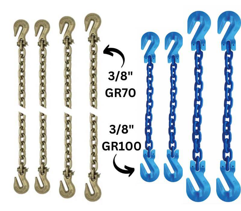 This 3/8" Chain Tie-down Kit contains Grade 70 and Grade 100 chain assemblies, providing reliable strength and security.
