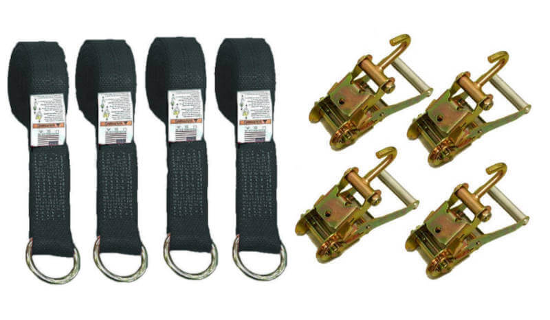 thumbnail interactive-video image 1 of 4 Pack) 2x10' Lasso Car Straps – Finger Hook Ratchet Tie-Downs With Wheel Hooks 1 of 3