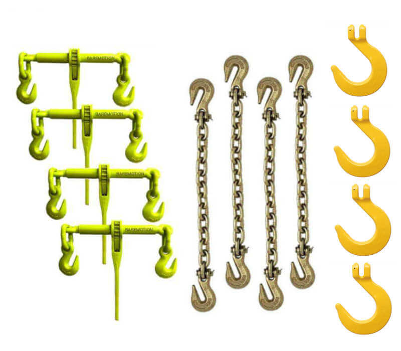 This Grade 70 Chain & Binder kit features Grade 80 Foundry Hooks that can be swapped out for convenience.  This is a 4-pack chain and binder kit for heavy hauling