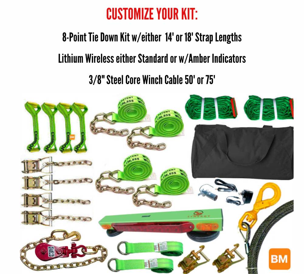 Towing Equipment Kit you can customize, complete with a Winch Cable, Tie-Downs, Snatch Block, Slings, and a high-powered LED Light Duty Wireless Tow Light featuring a reliable Lithium Li-ion battery.  Available at Baremotion with Free US Continental Shipping