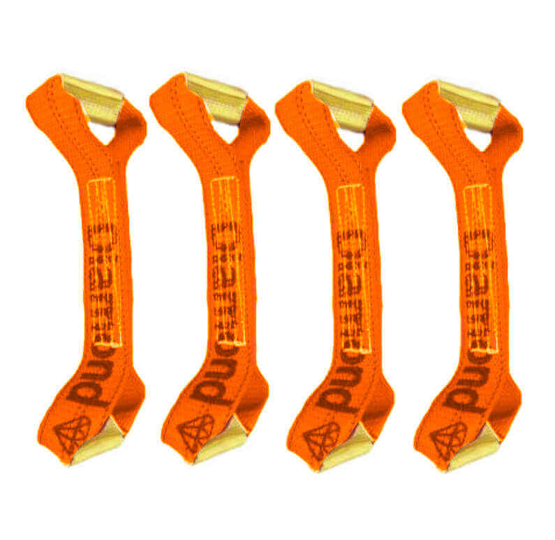Orange Dog bone 4-pack.  Made with Diamond Weave webbing these reinforced loop end straps are made to be used with the towing 8-point tie down system.
