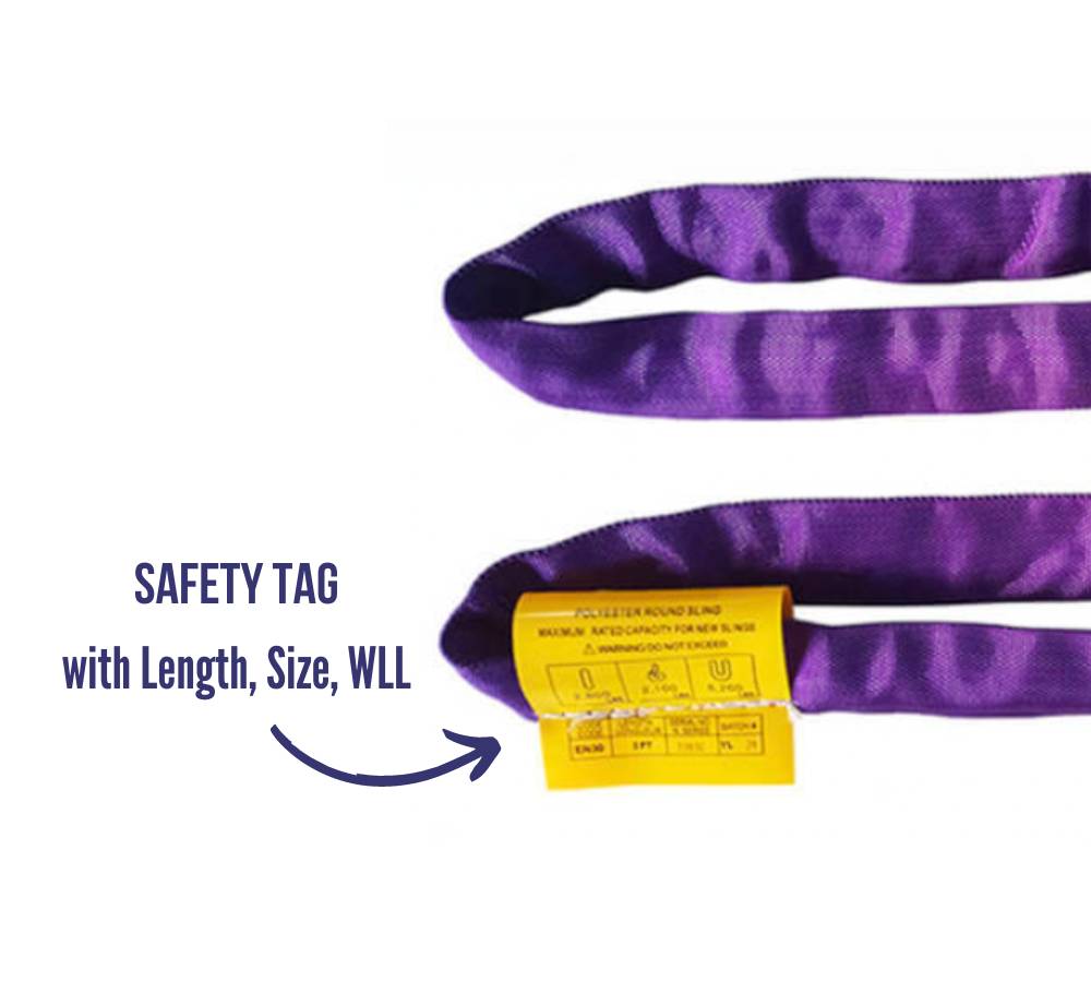 Lifting endless loop purple round slings come with a safety tag.