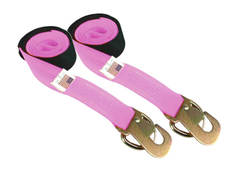 This 2 pack  Pink tie-down straps come with two different hooks - a Dynamic Flat Snap Hook and a D-Ring - making transitioning between them simple and efficient.