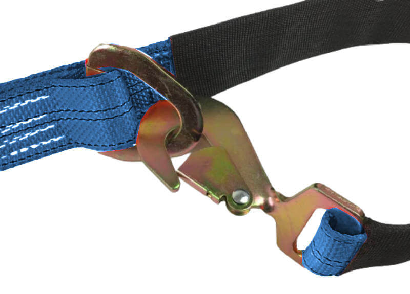 Made with Diamond Weave webbing stitched in the USA, these straps are strong and more abrasion resistant.  V-bridle axle tie-down used to safely tie-down vehicles during transport