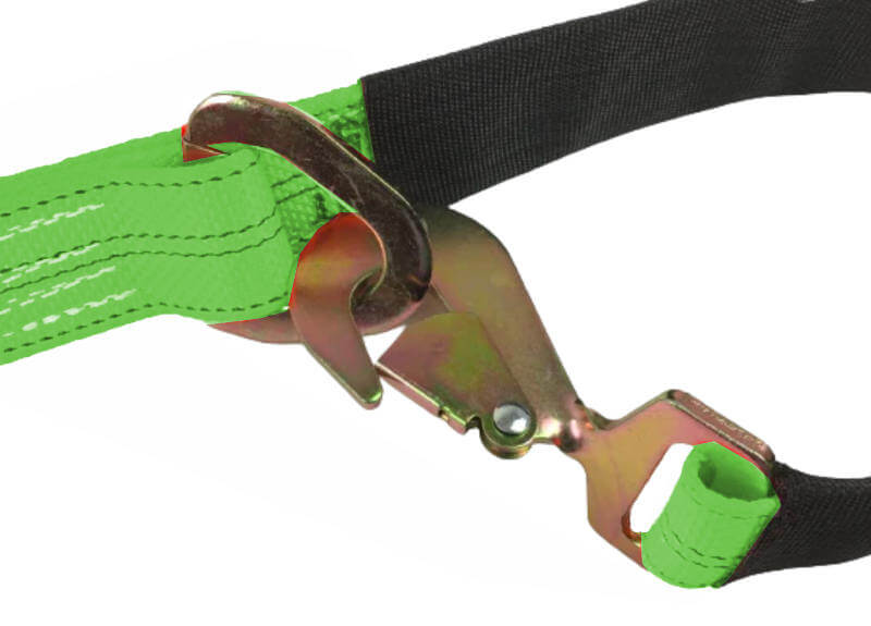 Made with Hi-Vis green Diamond Weave webbing stitched in the USA, these straps are strong and more abrasion resistant. V-bridle axle tie-down used to safely tie-down vehicles during transport.