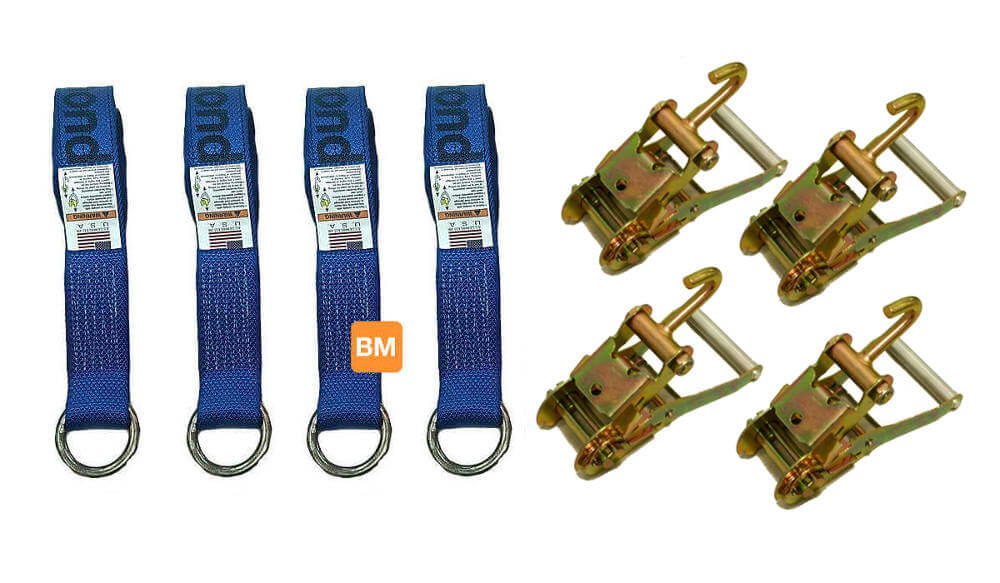 4-Point Tie Down System with Blue colored Lasso Straps & Ratchets with finger Hooks.