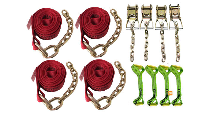 Red tie-down straps and green dogbones available at baremotion