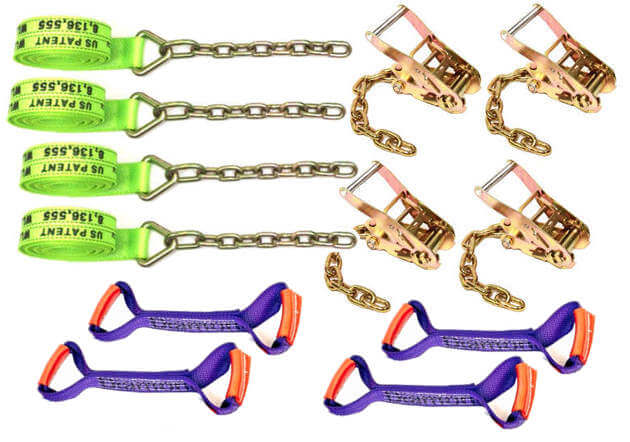 8-Point Tie Down Kit Diamond Weave hi-vis green with purple loops straps