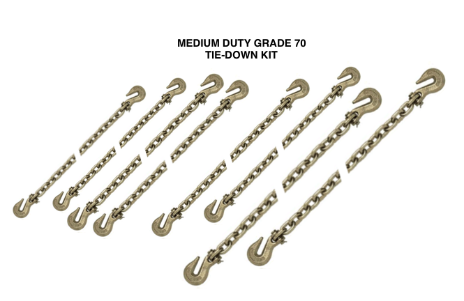 This versatile Medium Duty Transport Binder Chain kit consists of 5/16" & 3/8" chains with clevis grab hooks each end. 