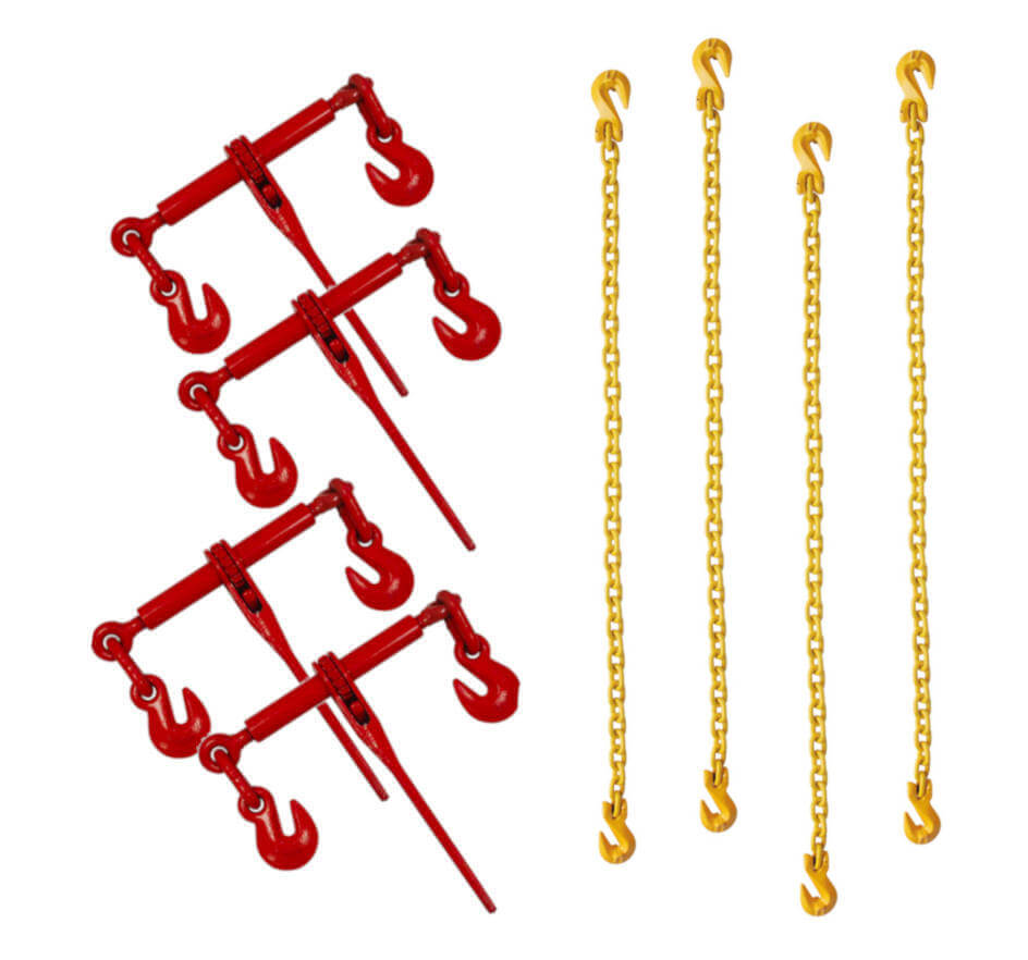 3/8" Grade 80 Yellow Alloy Chains with grab hooks and Ratchet Load Binders.