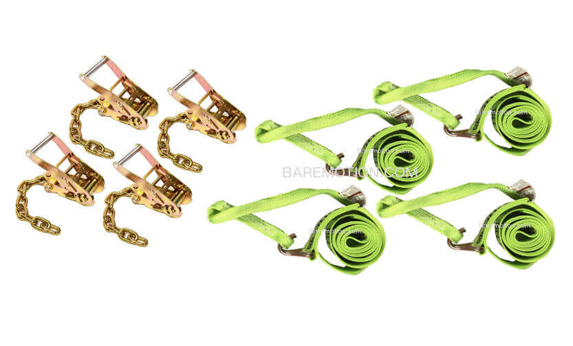 Tie Down Kit Four Points Wheel Loop Straps & Chain Ratchets.  Towing straps for rollback tow truck car carriers
