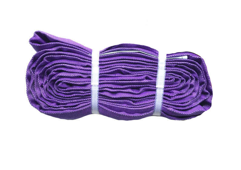 Purple Polyester Slings, also known as Endless Round Slings, are strong cargo lifting slings made out of polyester fibers encased in a double thick color coded woven tube of polyester web.