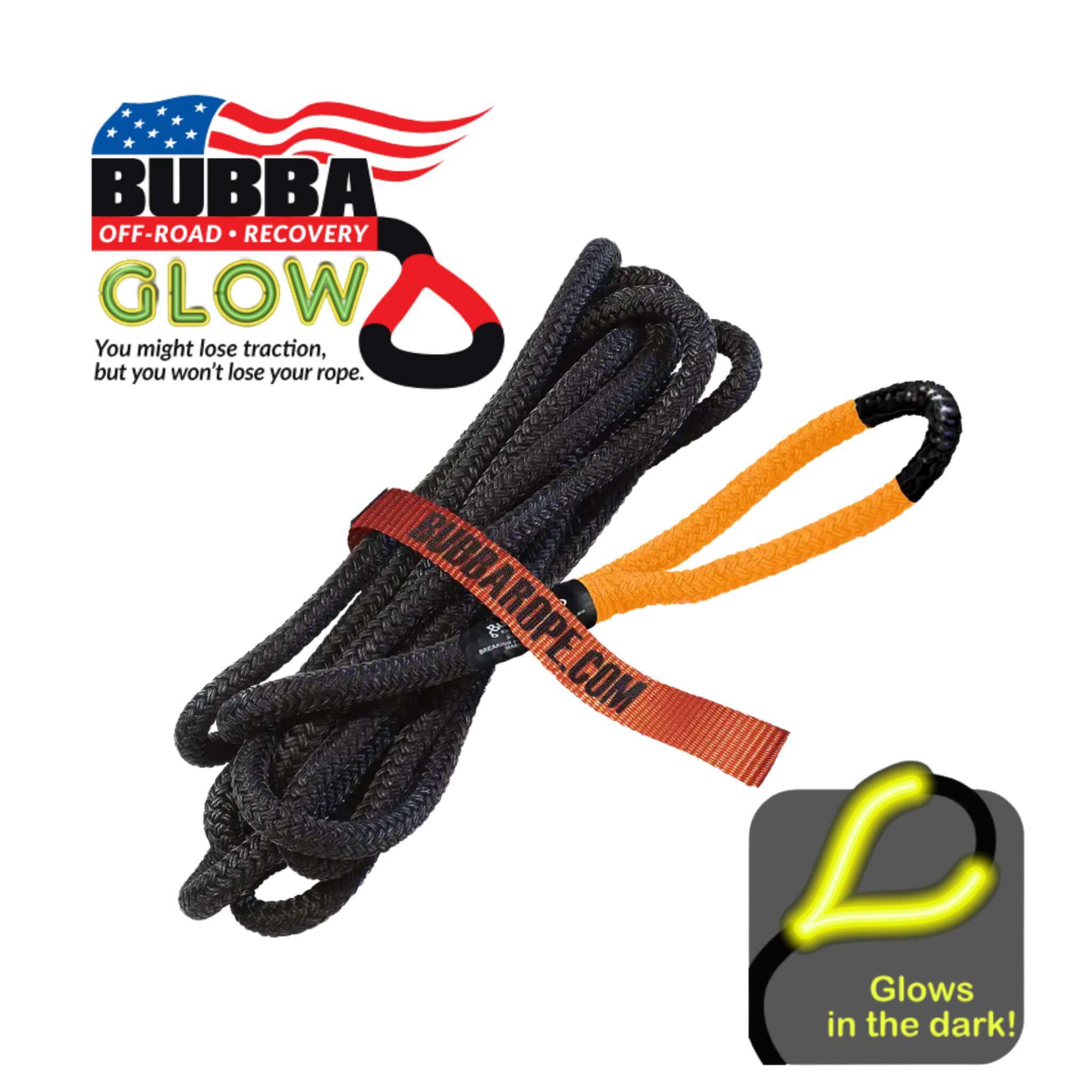Bubba Off-Road Recovery rope with glow-in-the-dark feature on a white background
