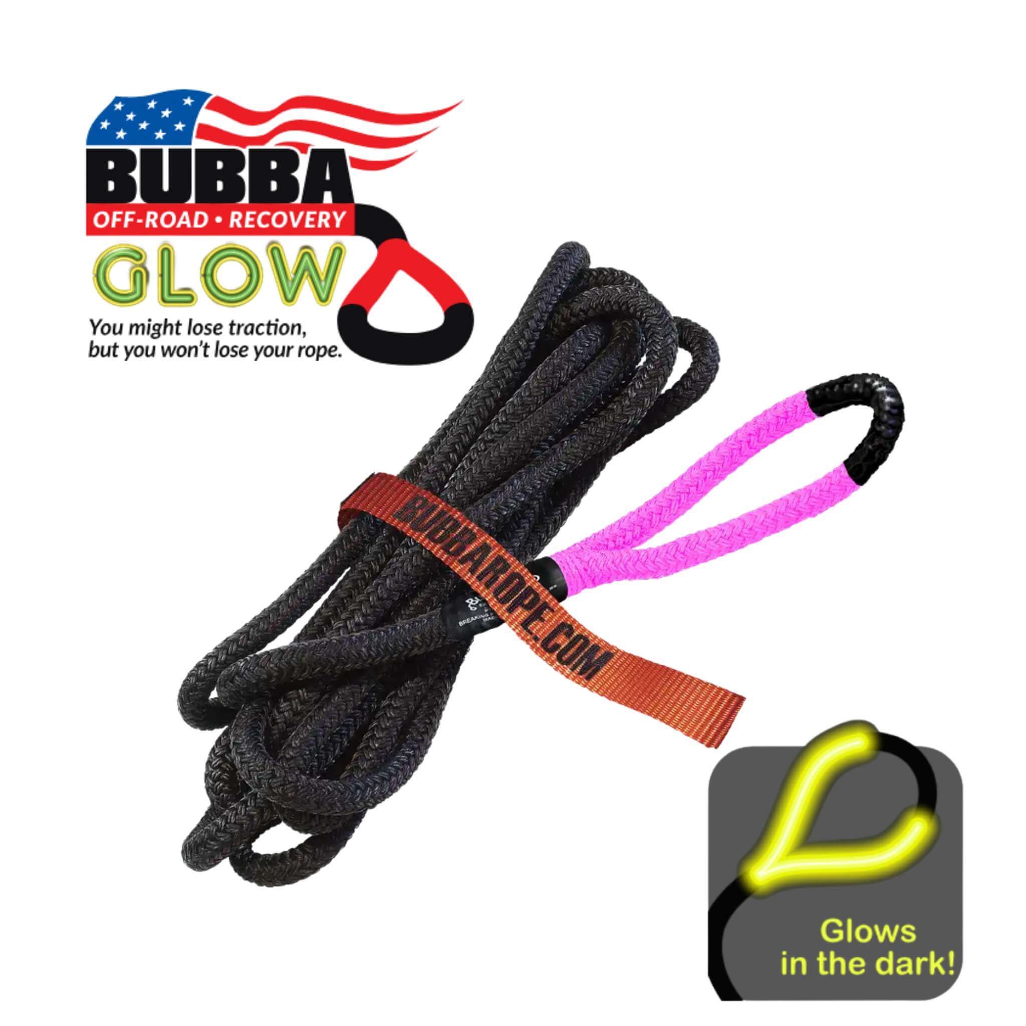 Bubba Off-Road Recovery Pink glow rope with branding and product feature text on a white background.