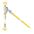 Yellow and gray lever hoist on a white background