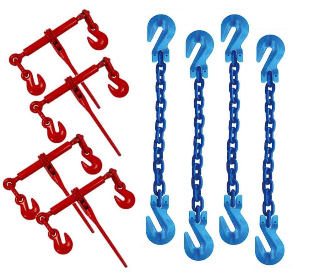 Our 4-pack Grade 100 Chain & Binder Kits are perfect for heavy hauling needs!  These 3/8" chains are coated blue for easy visibility.