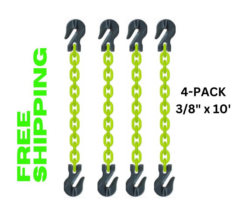 3/8" x 10' Grade 100 USA Hi-Vis Chain Slings w/Cradle Grab Hooks 4-Pack