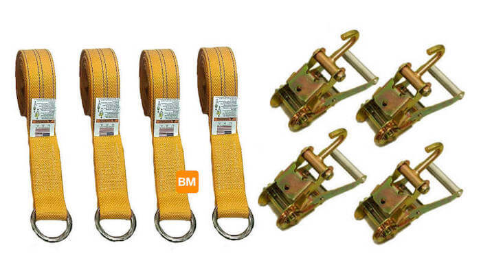 2" Yellow Wheel Lift Lasso straps & Ratchets with Finger Hooks.  4-Pack