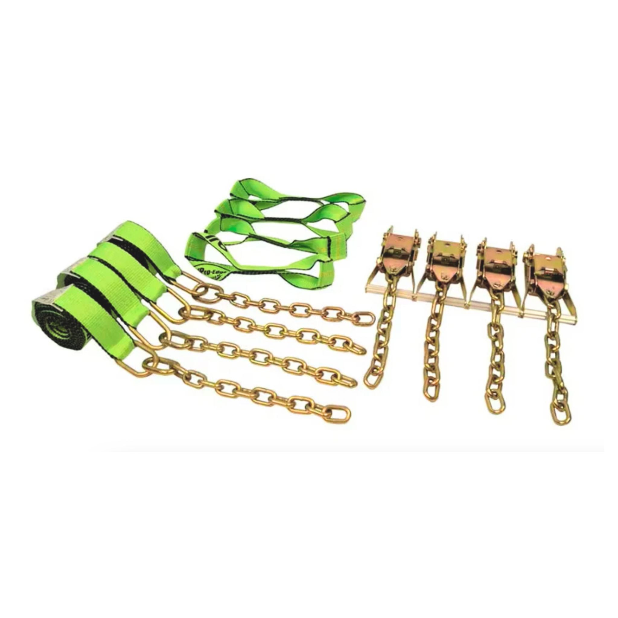 Hi-Vis green 8-point tie-down rollback kit with chain.  all-grip brand.