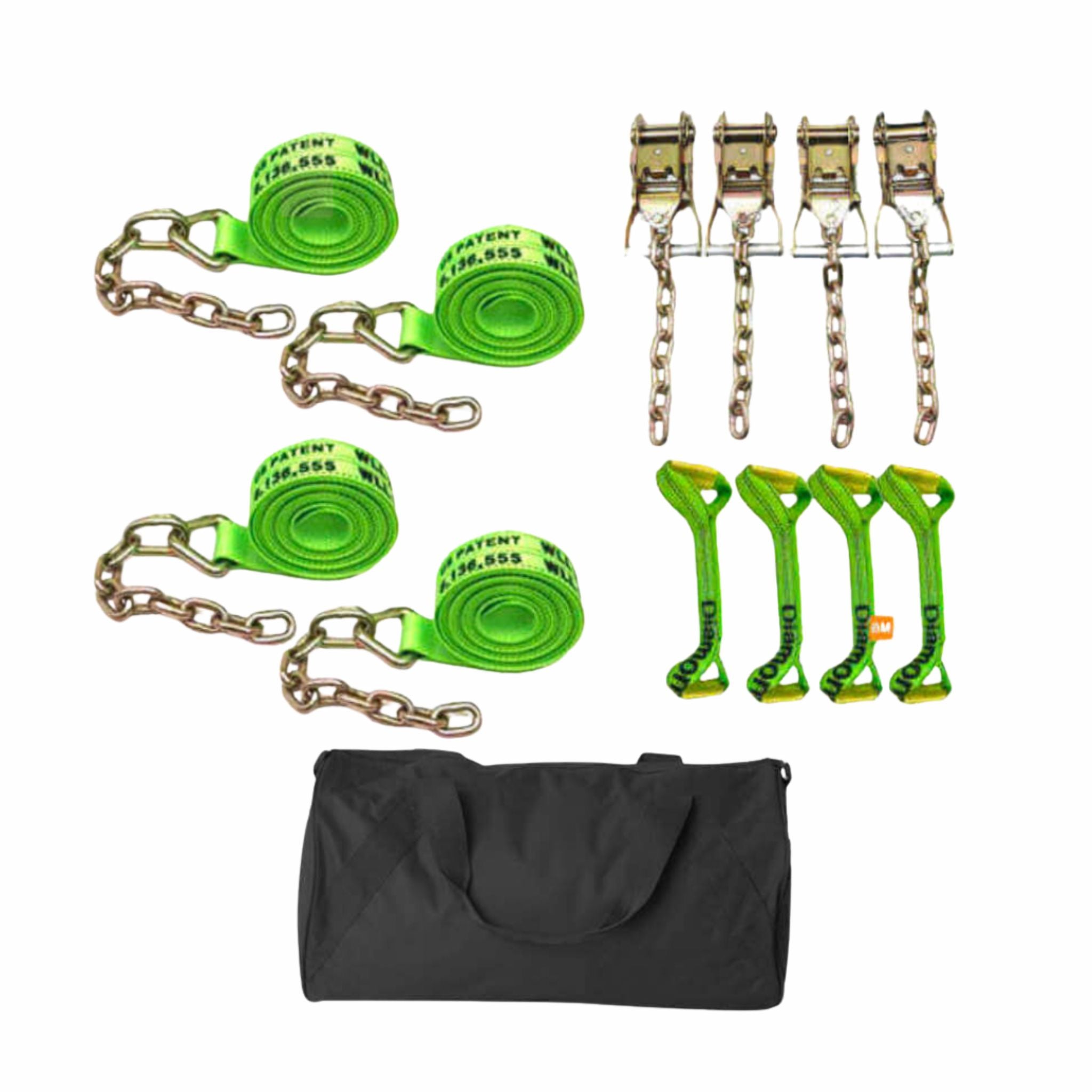 Hi-Vis Green 8-point tie-down system made from Diamond Weave webbing.  Used for transporting and towing motor vehicles.  Comes with straps, ratchets, and a bag.