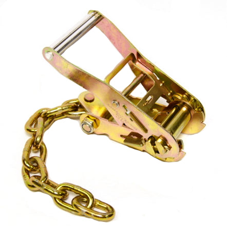 2" ratchet buckle with chain tail extension.  Used in the towing and recovery industry to help tighten and secure tie-downs.
