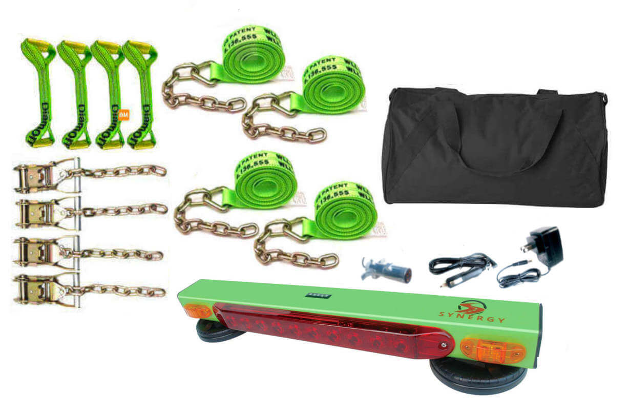 8-Point Tie Down Kit with Hi-Vis Green Straps & Lithium Powered Light Duty Tow Light.