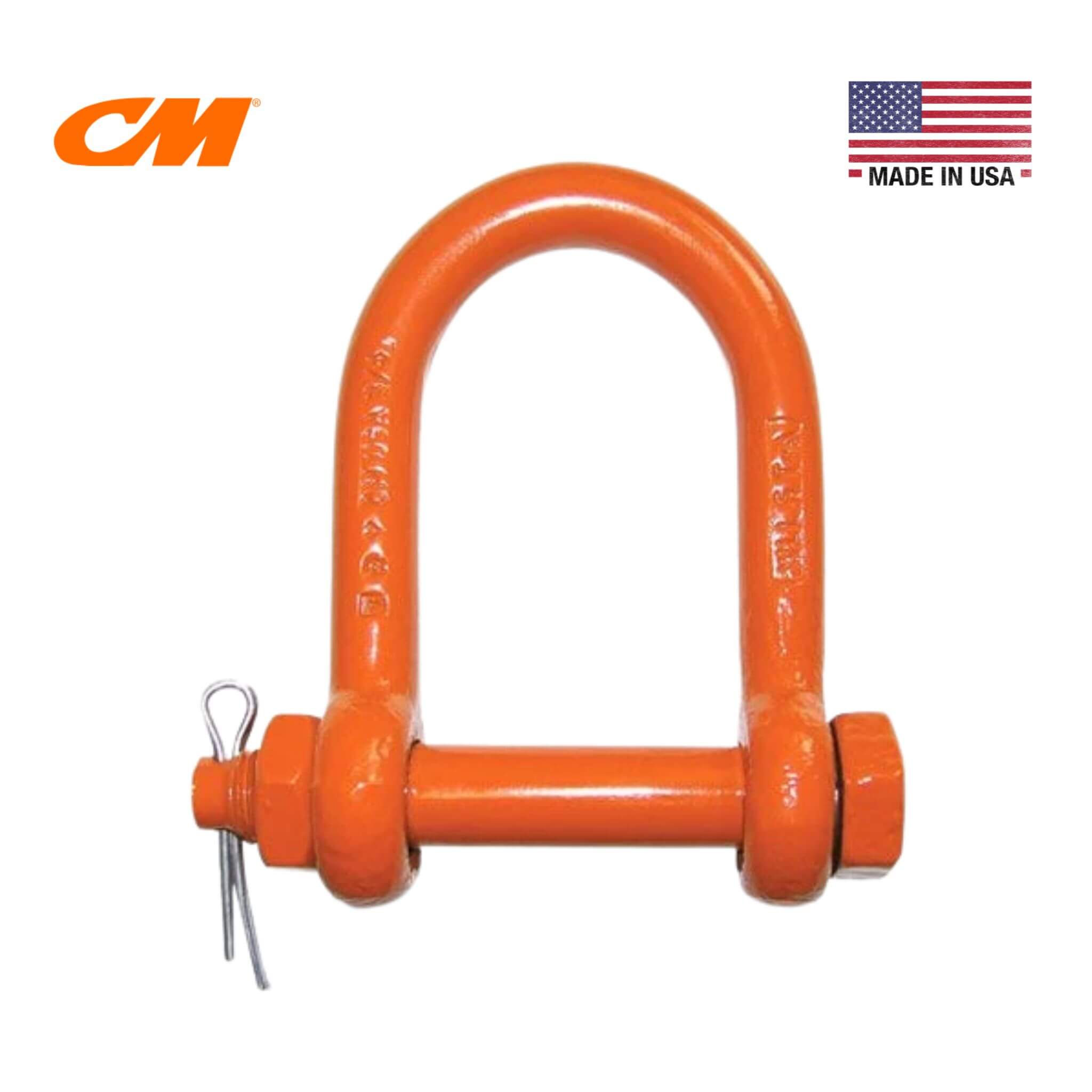 An orange painted heavy-duty steel shackle with a bolt, nut, and spring clip, shown on a plain white background.  CM Heavy-Duty Long-Reach Bolt-Type Anchor Shackle.  Made in USA