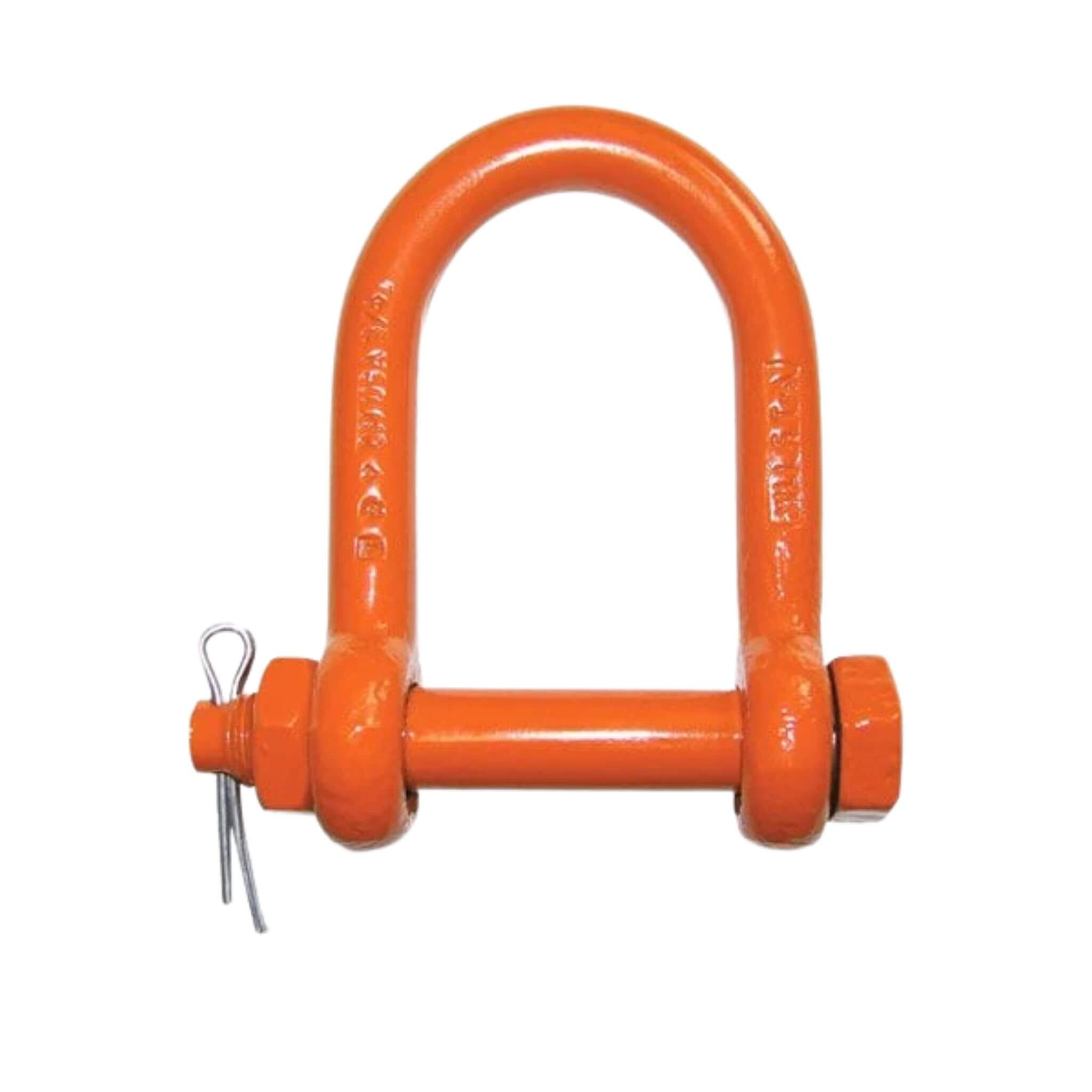 An orange painted heavy-duty steel shackle with a bolt, nut, and spring clip, shown on a plain white background.  CM Heavy-Duty Long-Reach Bolt-Type Anchor Shackle