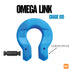 Blue Omega Link Grade 100 clevis style product with black bolt on a white background
