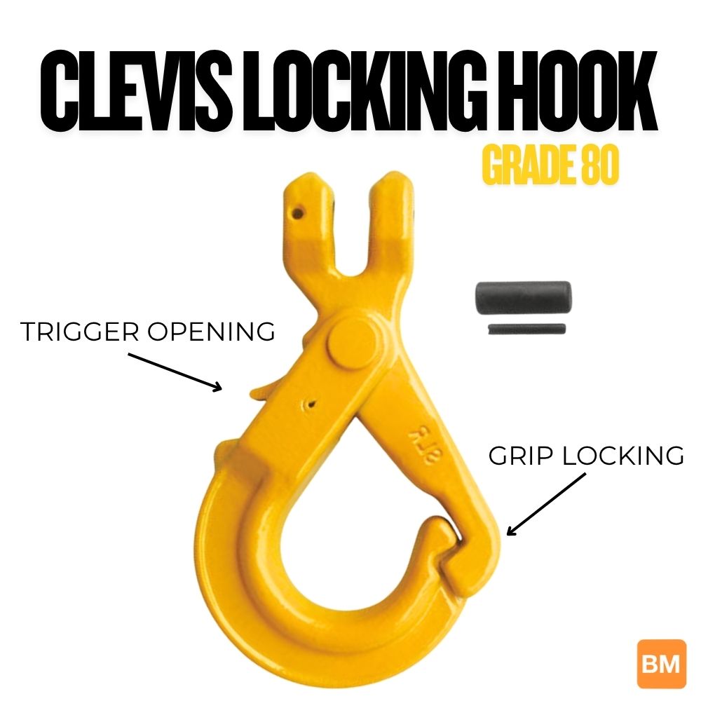 Grade 80 clevis style locking hook.  Yellow coated.