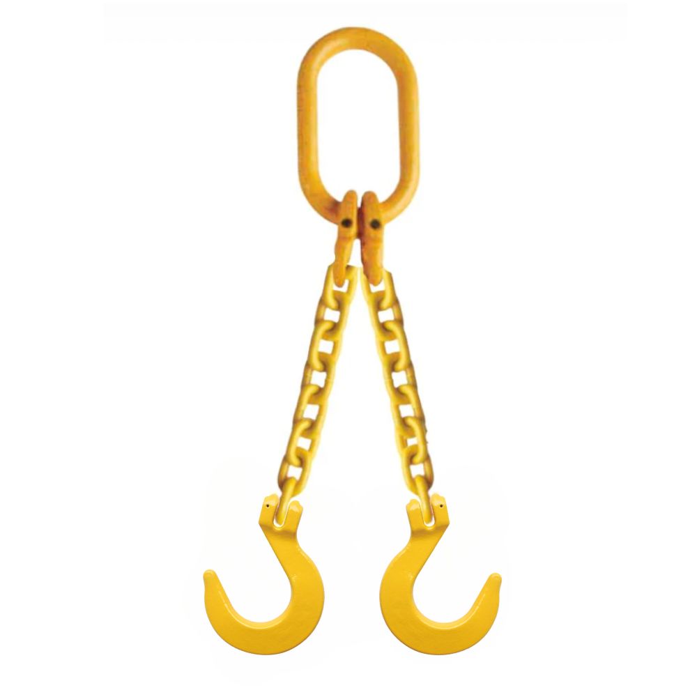 Double Leg Lifting Chain Slings made with Grade 80 Alloy Steel and Foundry Hooks.  Coated yellow