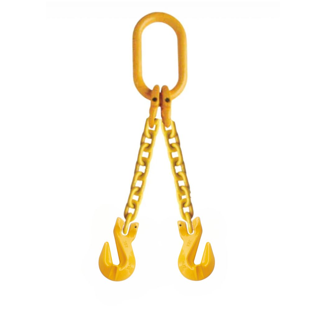 Double Leg Lifting Chain Sling made with Grade 80 Alloy Steel and Cradle Grab Hooks.  Coated yellow