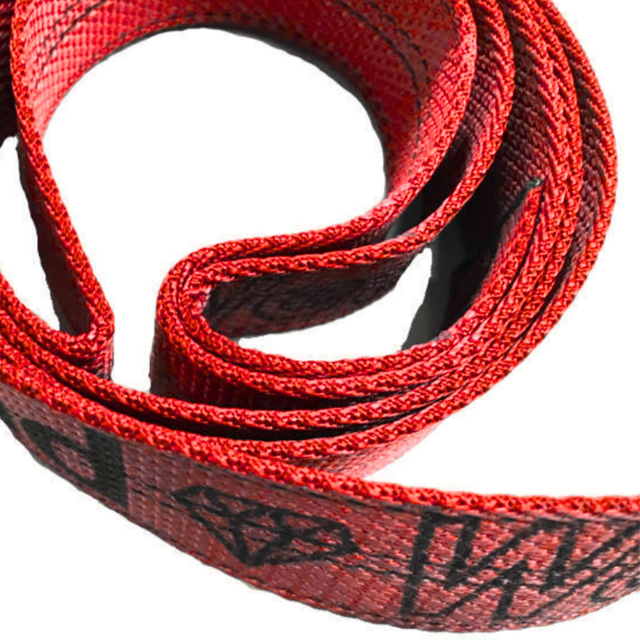 Close up of red diamond weave webbing used for tie-down straps