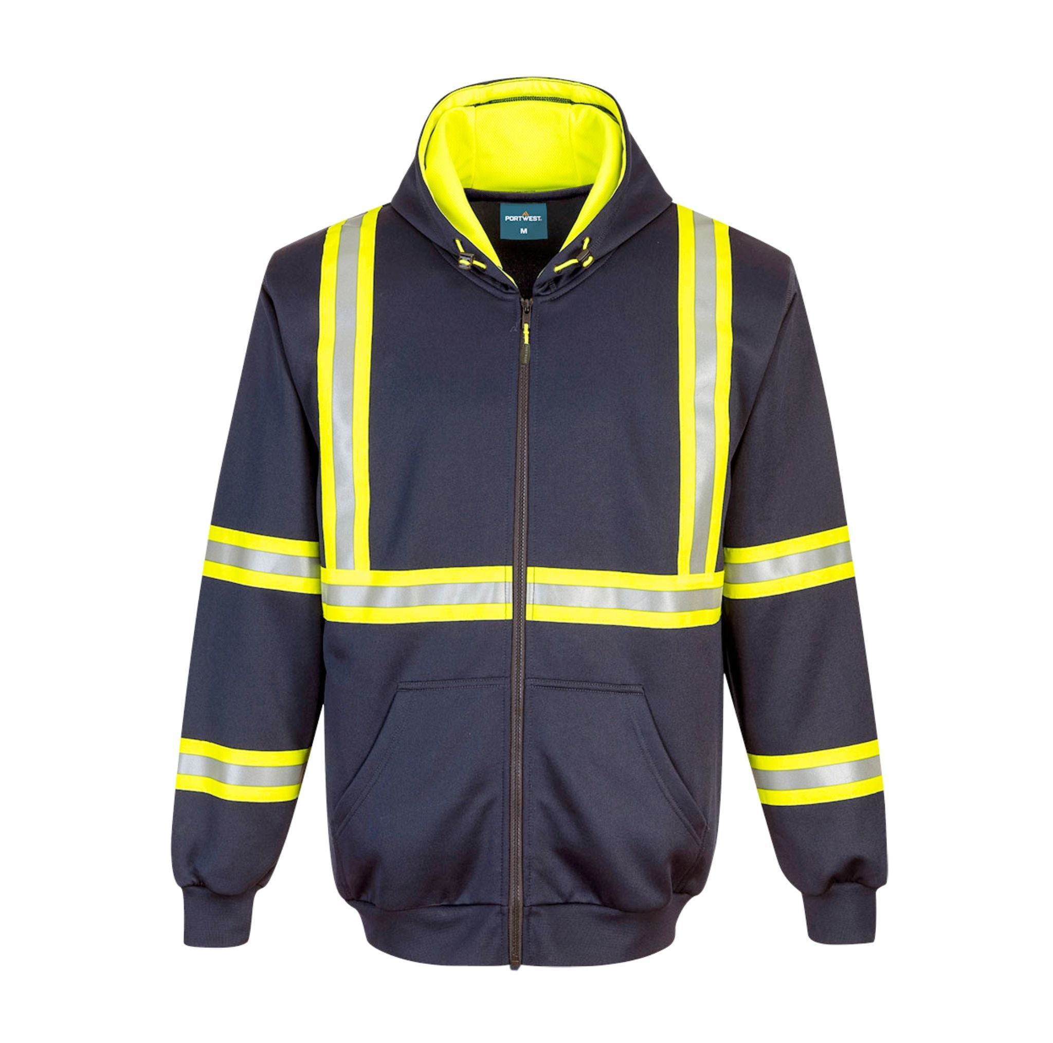 Navy blue safety jacket with yellow accents and reflective stripes on a white background.  Portwest F130 Iona Xtra Enhanced Zipped Hoodie Navy