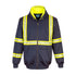 Navy blue safety jacket with yellow accents and reflective stripes on a white background.  Portwest F130 Iona Xtra Enhanced Zipped Hoodie Navy