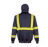 Navy hoodie with reflective yellow and silver stripes on a white background