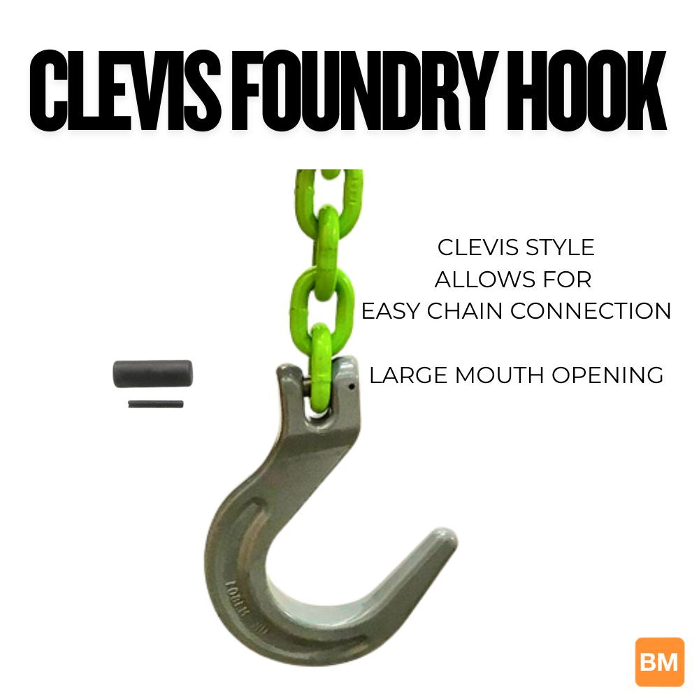 Clevis foundry hook with green chain on a white background