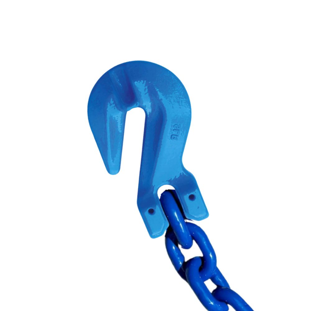 Grade 100 Blue clevis cradle grab hook with chain on a white background