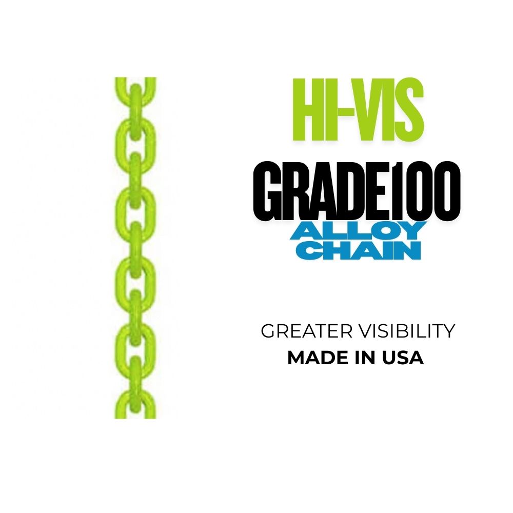 Green chain with 'Hi-Vis Grade 100 Alloy Chain' text on a white background Made in USA Chains for lifting