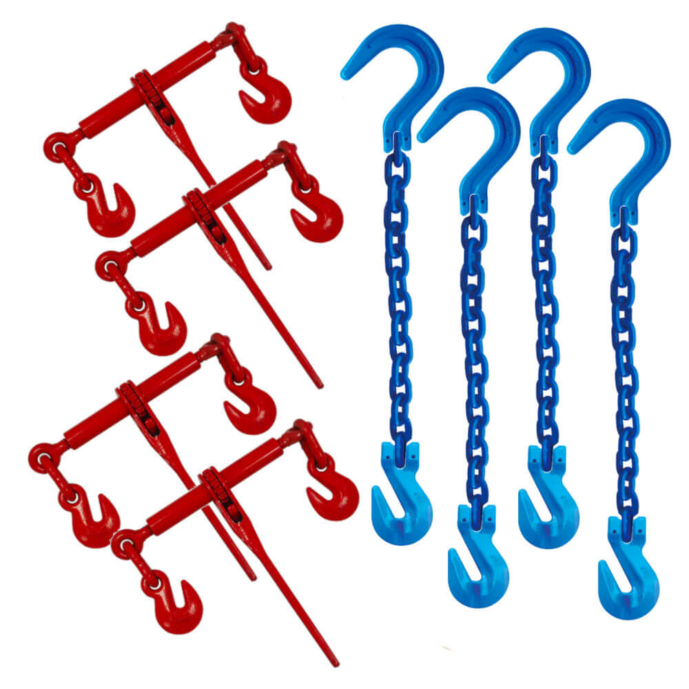 1/2" GR100 Chains w/Foundry Hook & Ratchet Load Binders Kit 4-Pack