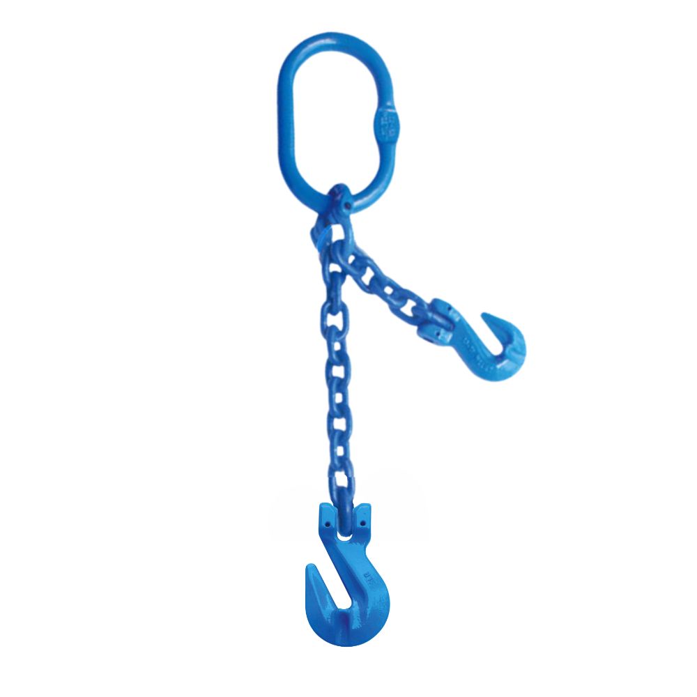 Adjustable Single Leg Chain Sling Grade 100 with clevis cradle Grab Hook.  Chain is coated blue.