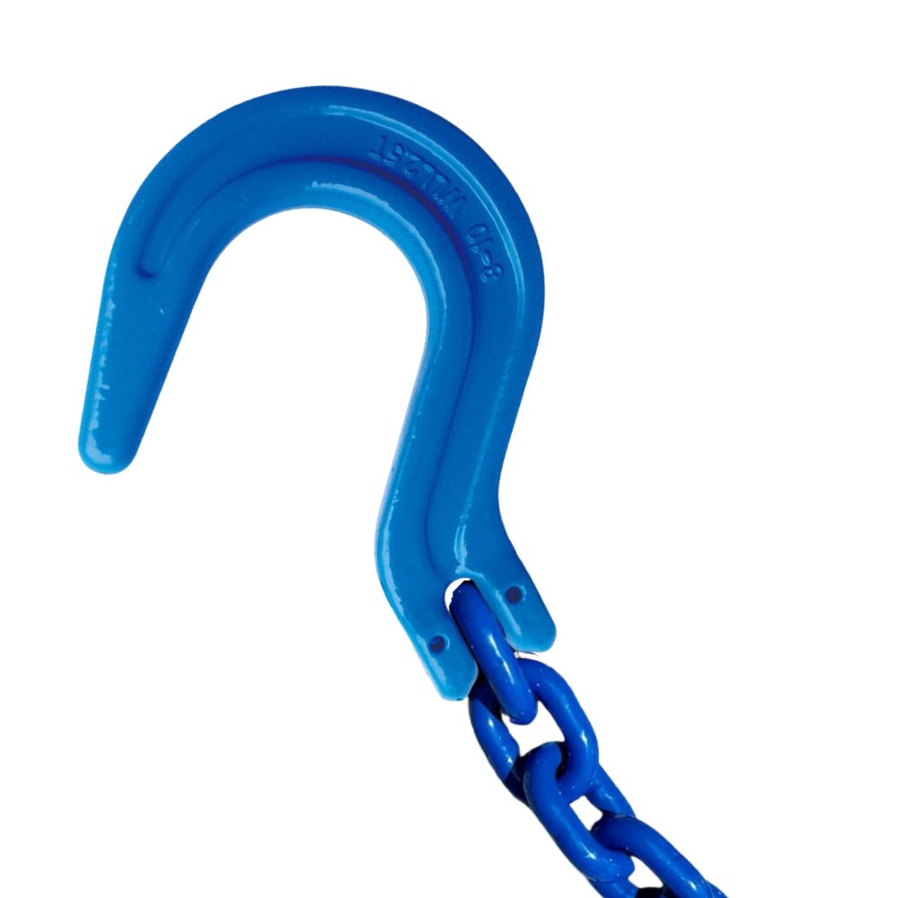 Blue lifting foundry hook with chain on a white background