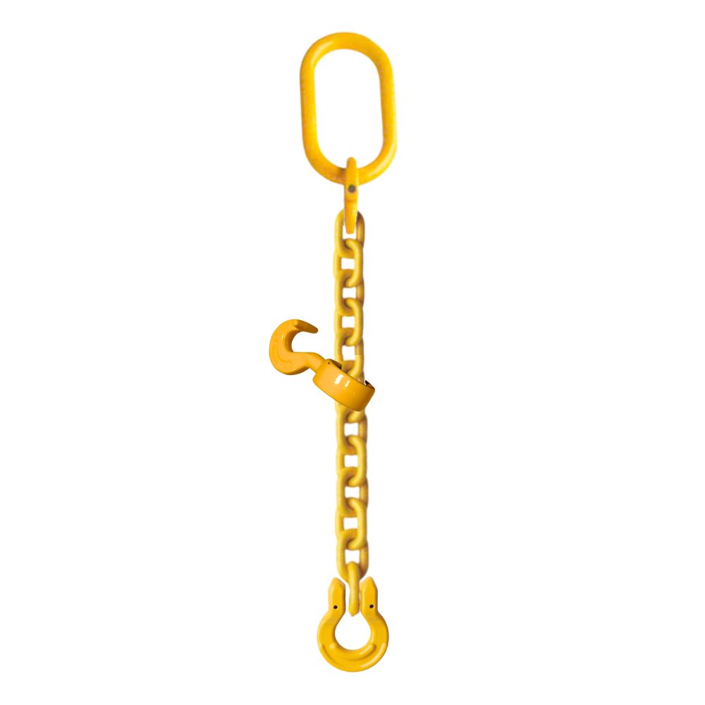 Grade 80 Logging Chain with Sliding Choker Hook.  Coated with a yellow finish.  Tope end of chain has a master link and bottom an omega link.