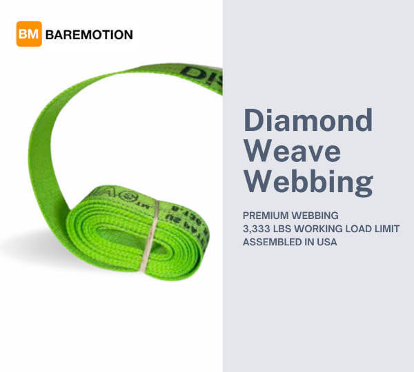 Hi-Vis green diamond weave webbing used for cargo tie-down assemblies