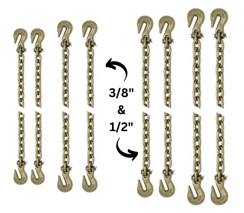 This Heavy Duty Grade 70 Tie Down Binder Chain Kit contains 2 chain sizes - 3/8" and 1/2".