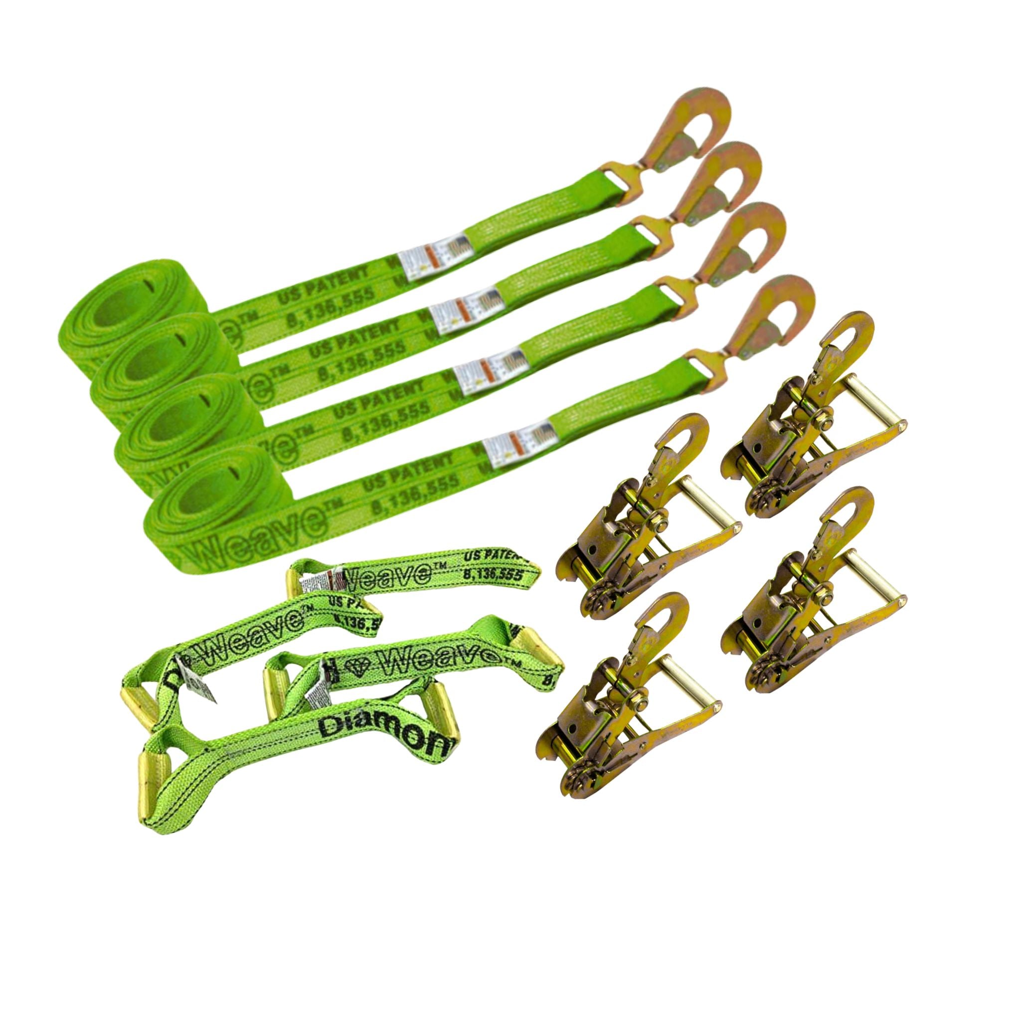 8-Point Tie Down Kit Twisted Snap Hooks Diamond Weave Hi-Vis Green.  Includes a set of straps with twisted snap hooks and ratchets with snap hook, and towing straps called dogbones.  Total towing system available at Baremotion
