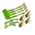 8-Point Tie Down Kit Twisted Snap Hooks Diamond Weave Hi-Vis Green.  Includes a set of straps with twisted snap hooks and ratchets with snap hook, and towing straps called dogbones.  Total towing system available at Baremotion