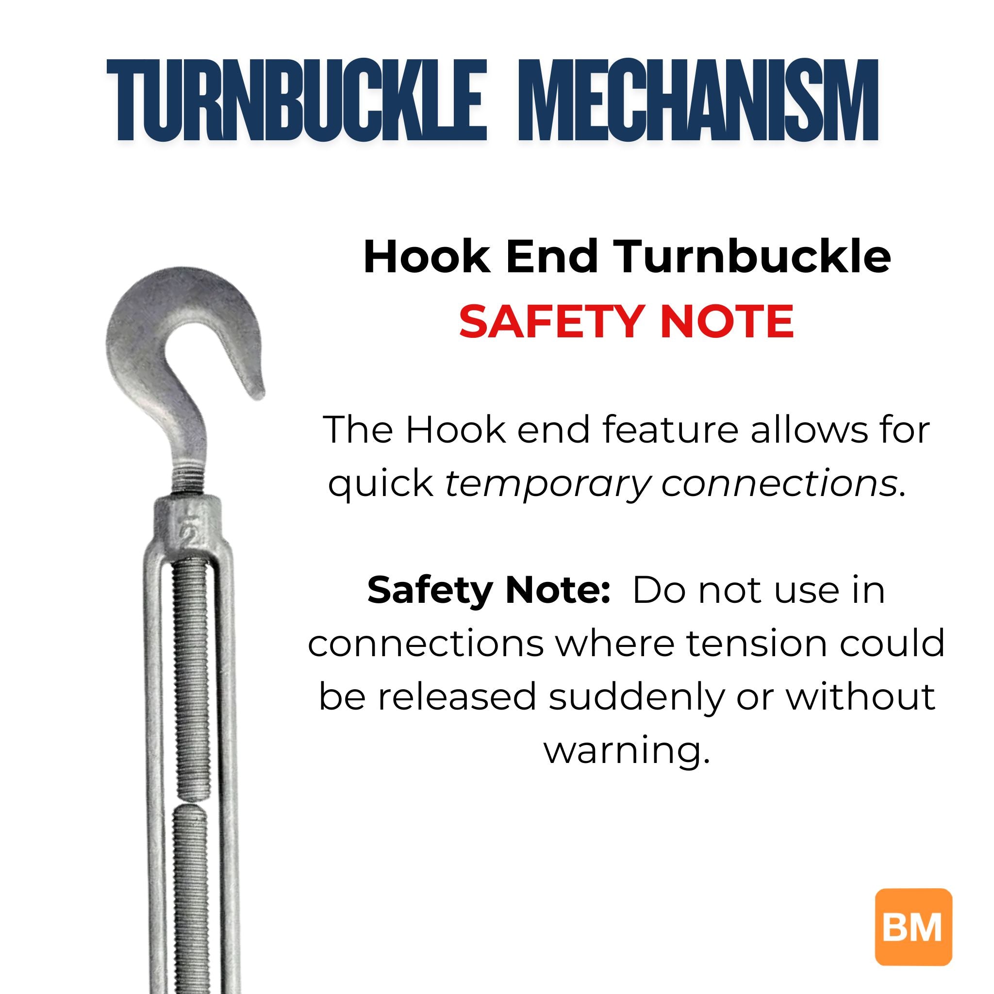 Hook end turnbuckle with safety note on a white background
