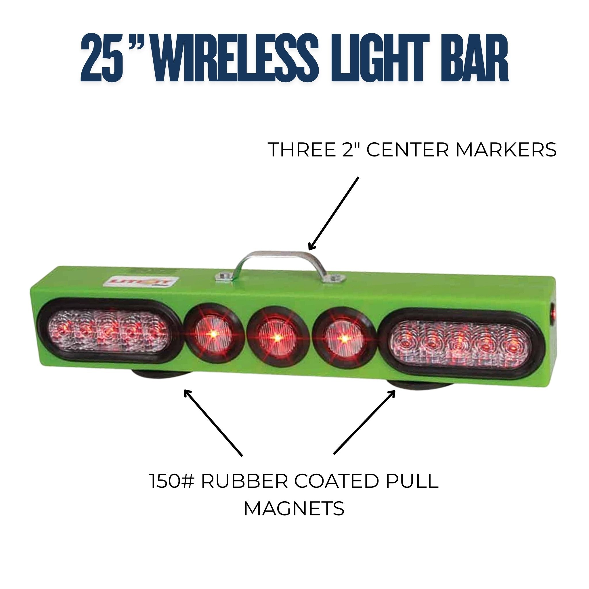 Green wireless light bar with red lights and magnetic features on a white background