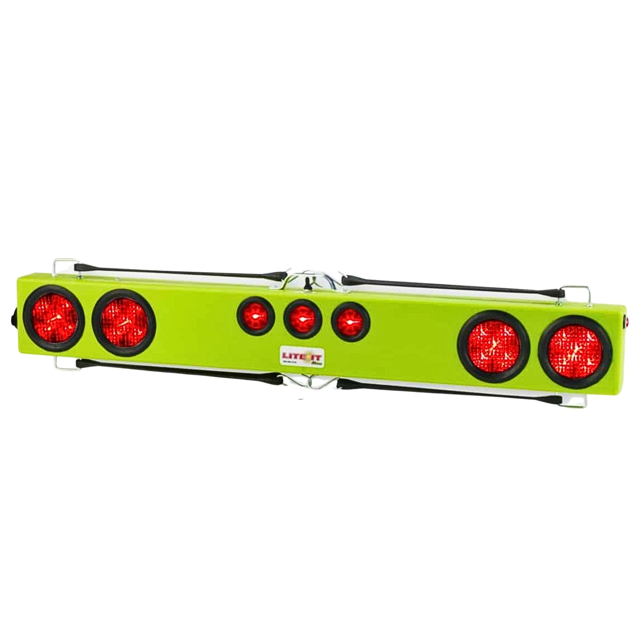 Green light bar with red lights on a white background